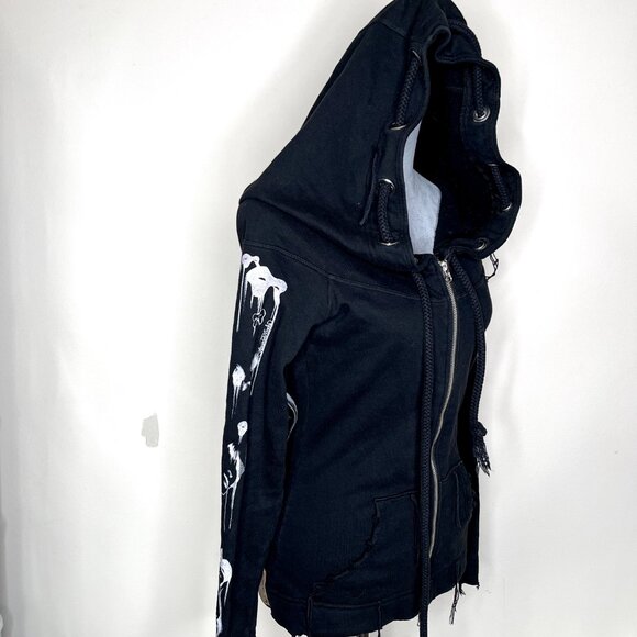 RARE Lauren Moshi Drama Face Hoodie Size XS Black Fringe Cotton Goth Distressed - Picture 6 of 16